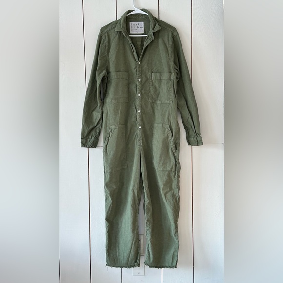 Frank & Eileen Northern Ireland Long Sleeve Jumpsuit Sz L Army Green Linen - Picture 3 of 9